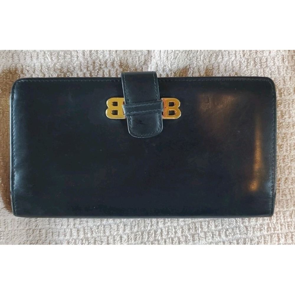 Bally Vtg Black Leather Kisslock Bifold Wallet Women Double B Logo Made In Italy